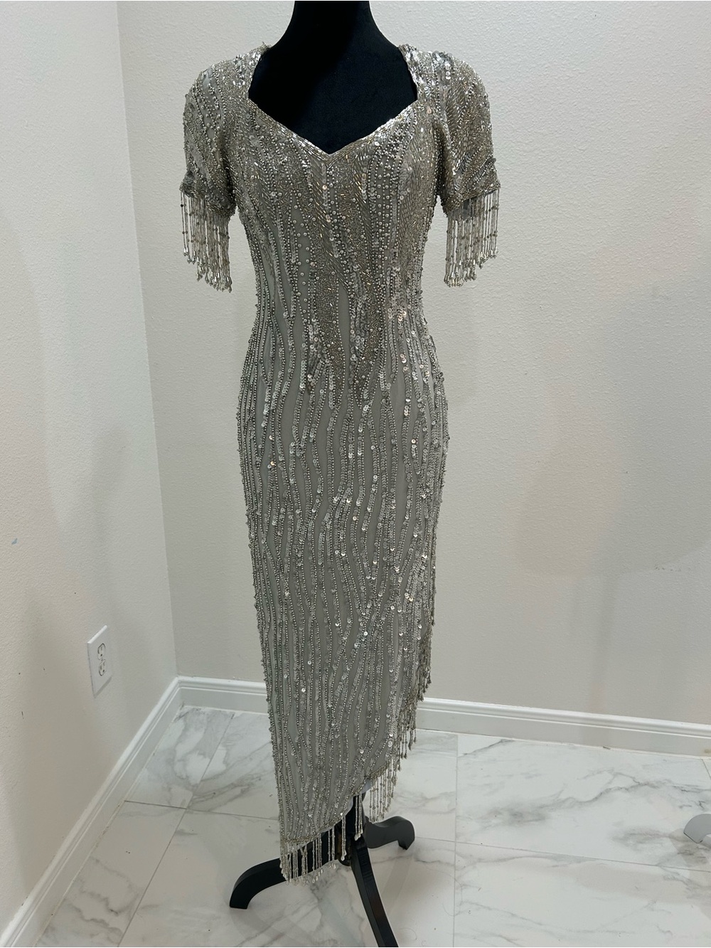 Nite Line 80’s Vintage Silver Beaded Asymmetrical Dress with Fringe Side Slit